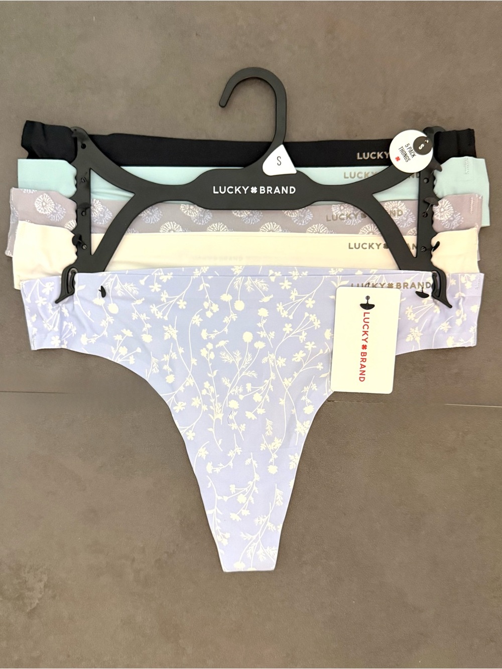 Lucky Brand Floral Lace-Edge Thong Set in Black, Lavender, Mint & Cream